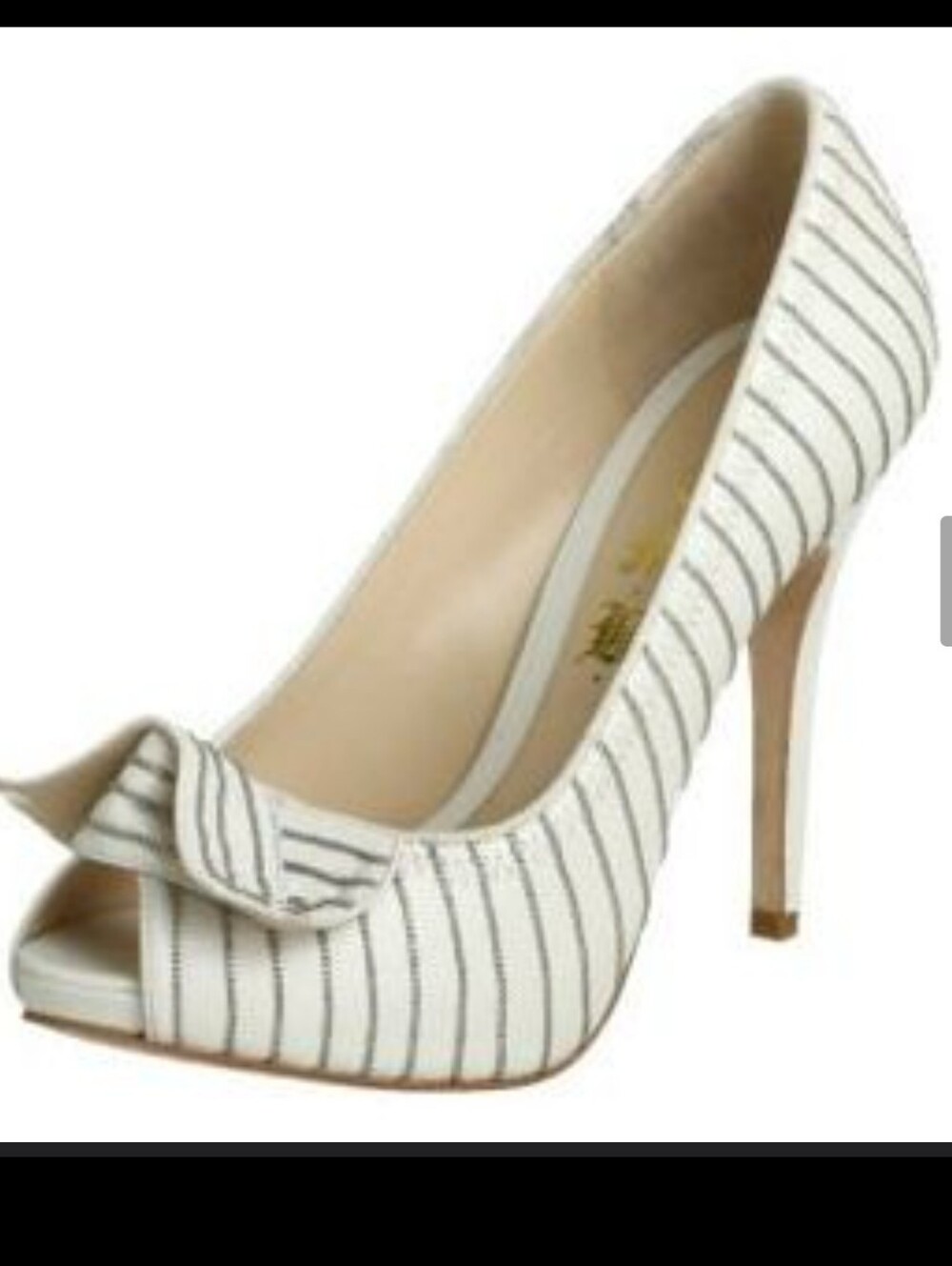 L.A.M.B. Ivory and Silver Striped Peep-Toe Heel with Bow